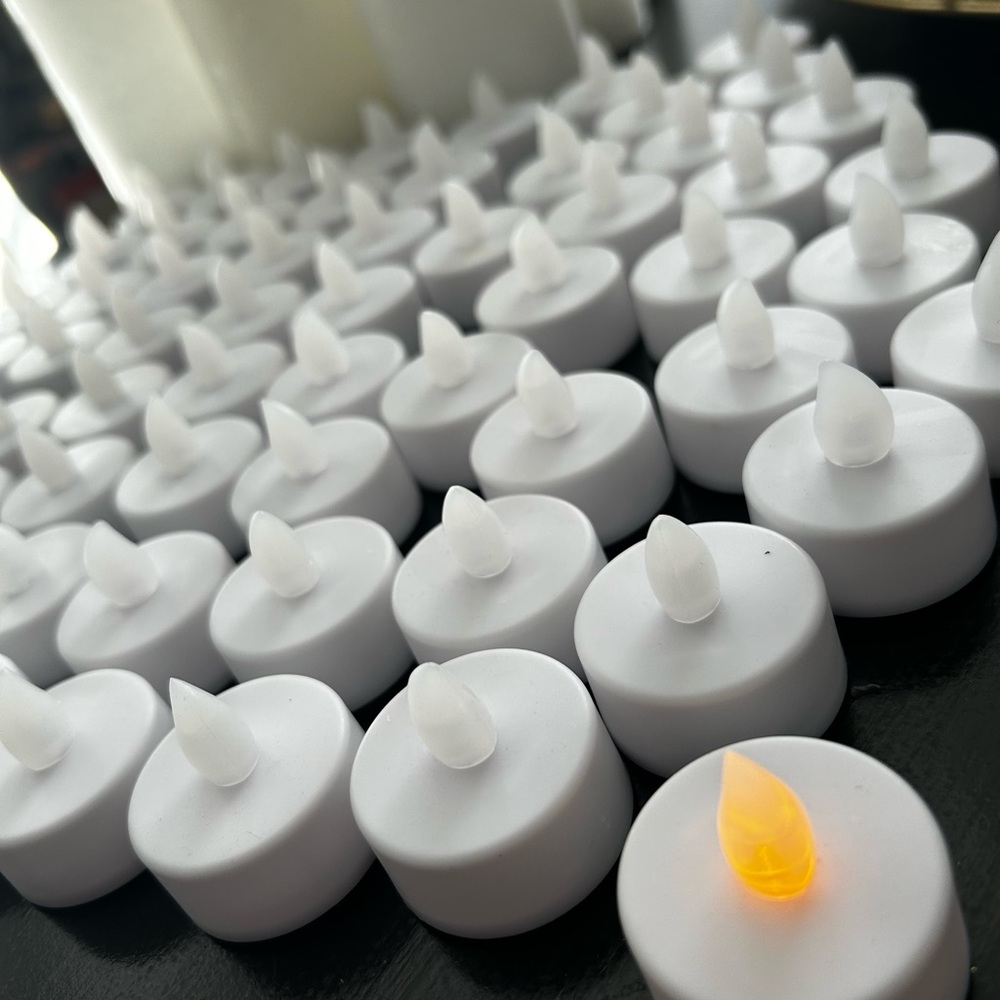 White LED Tealight Candles w/Flickering Flame & Gold flecked glass votive holder